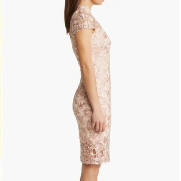 TADASHI SHOJI ANKUR FLORAL CAP SLEEVE SHEATH PEACH BLOSSOM DRESS sz 2 - Picture 4 of 7